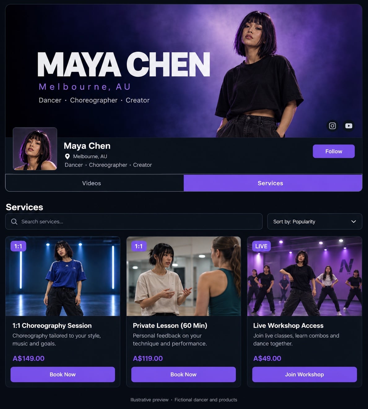 Illustrative Maya Chen profile and shop with choreography, private lesson and workshop products