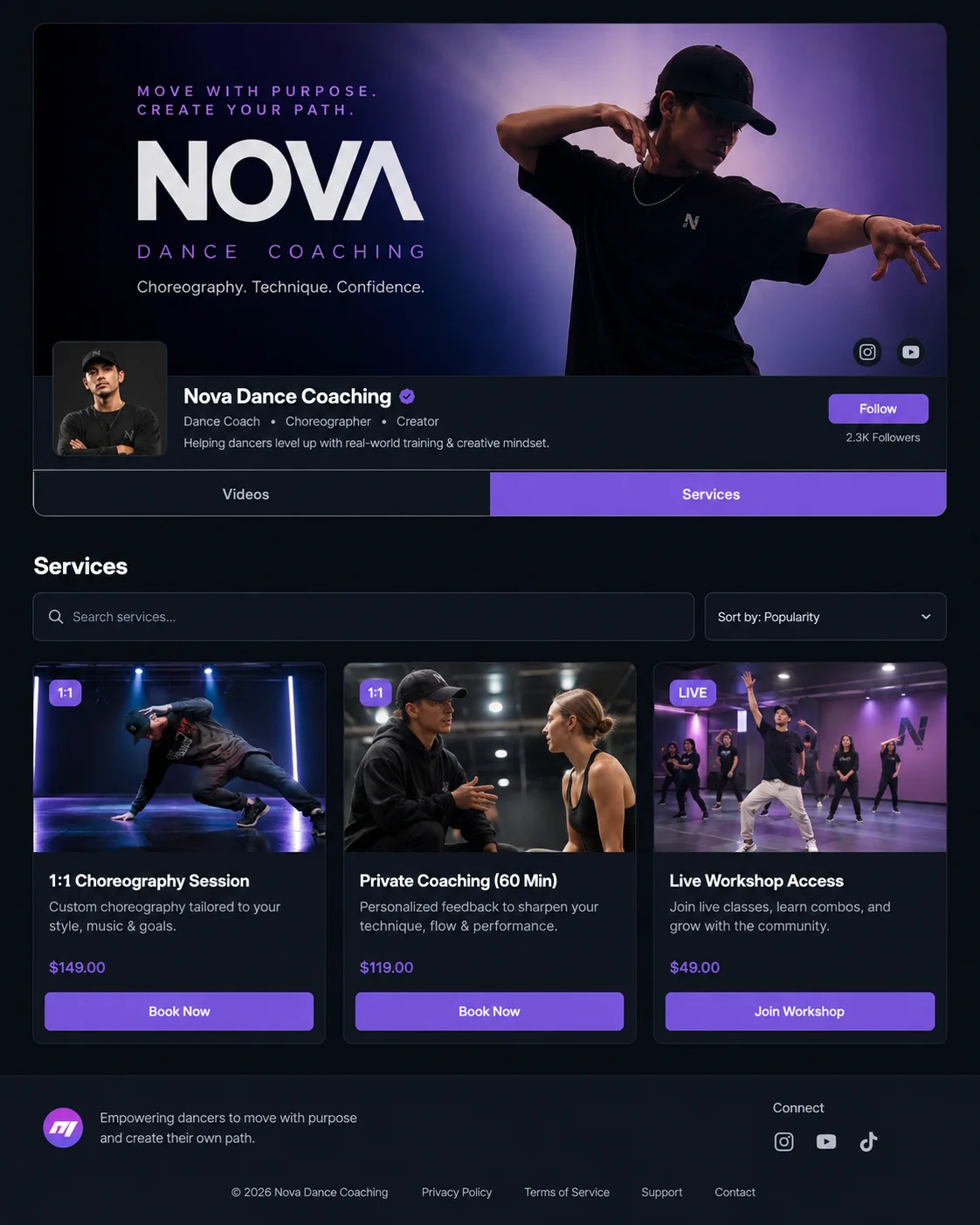 Example storefront offering videos and professional services from a dancer profile